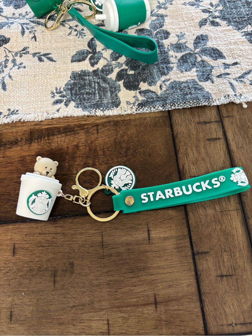 Starbucks Green Silicone Wristlet Keychain with Bear Cup Charm